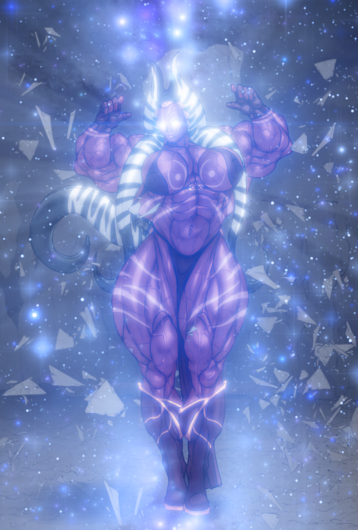 Ahosaa Taar poses, radiant with divine blue light as the environment crumbles all around her.  Her build is exceptionally muscular, straining what little clothing she's wearing.  She is a Togruta, possessing deep orange skin with off-white patterns across her skin.  Her head is adorned by three substantial substantial blue and white-striped lekku.  Her eyes are solid white and glowing, and blue-glowing stars surround her.